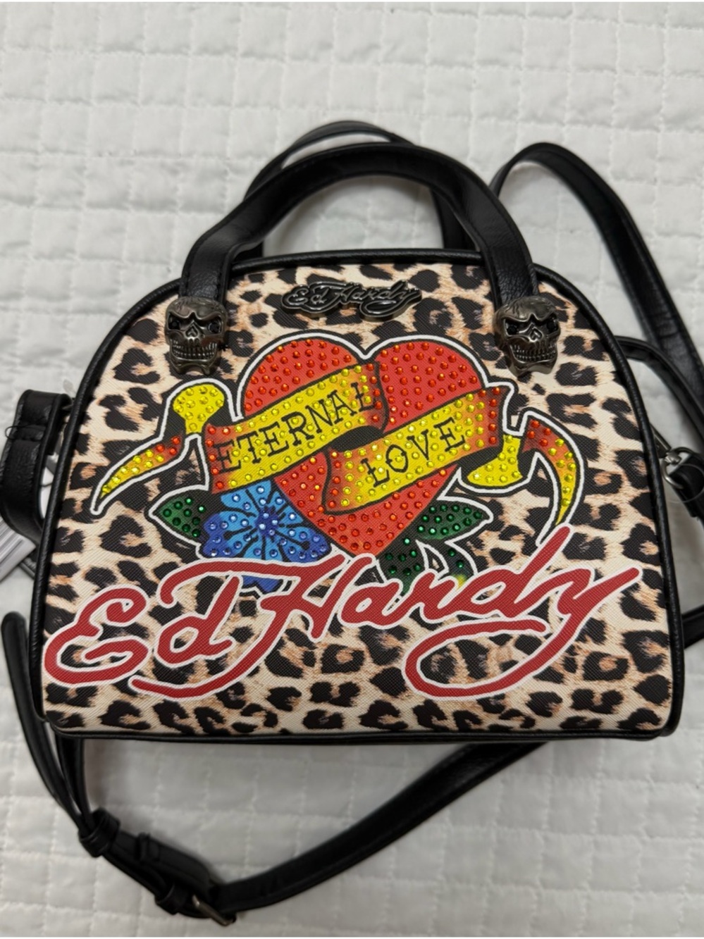 Ed Hardy Leopard Eternal Love Rhinestone Skull Crossbody Satchel